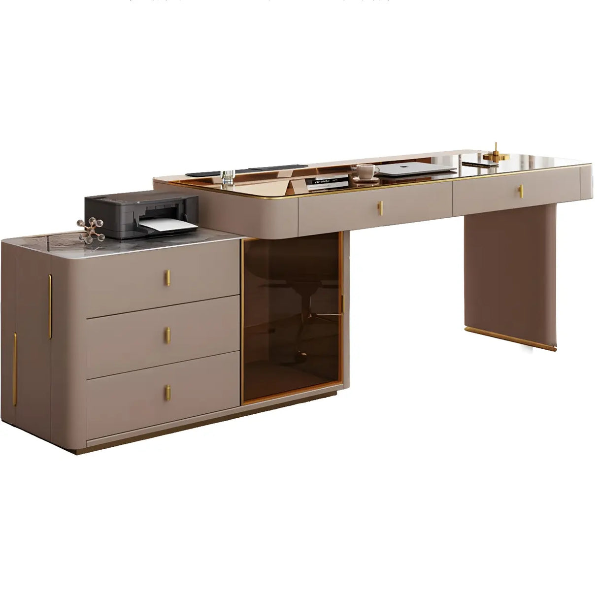 Glam White Glass Stone L-Shape Storage Executive Desk Image - 5