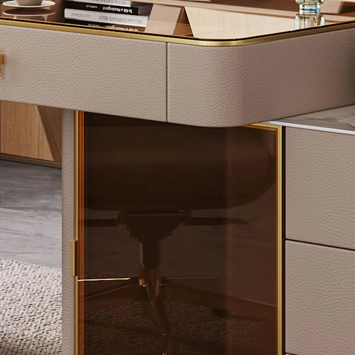 Glam White Glass Stone L-Shape Storage Executive Desk Image - 6