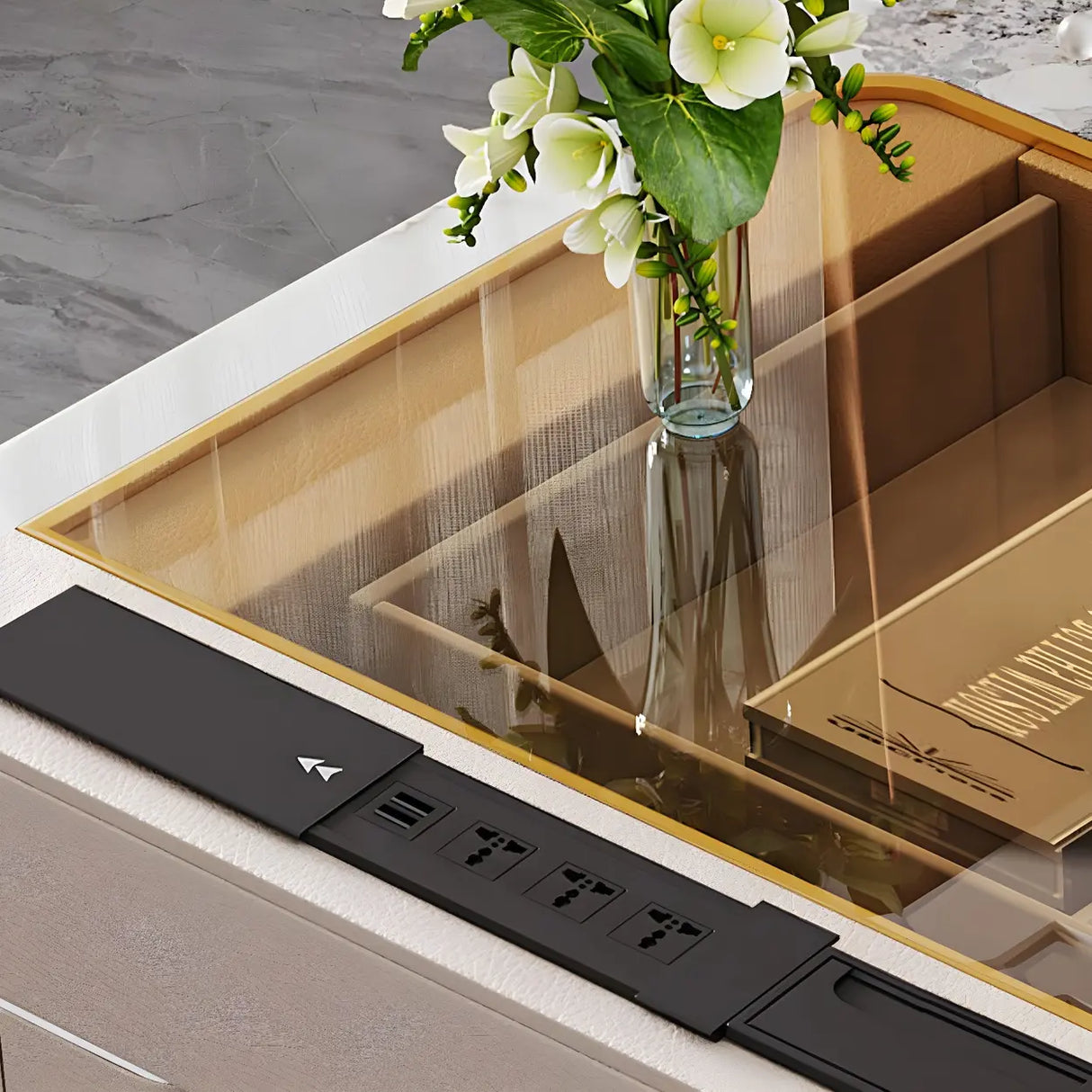 Glam White Glass Stone L-Shape Storage Executive Desk Image - 7