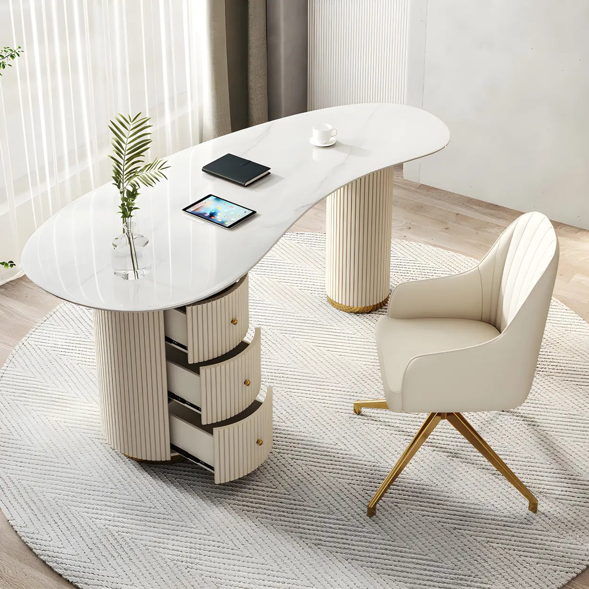 Glam White Stone Free Form Reception Desk with Drawers Image - 2