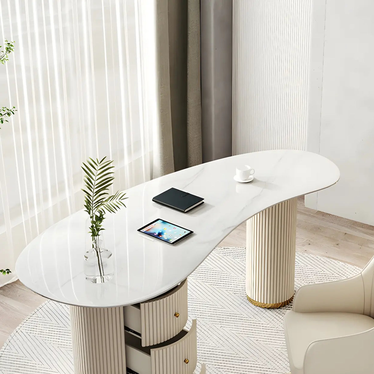 Glam White Stone Free Form Reception Desk with Drawers Image - 8