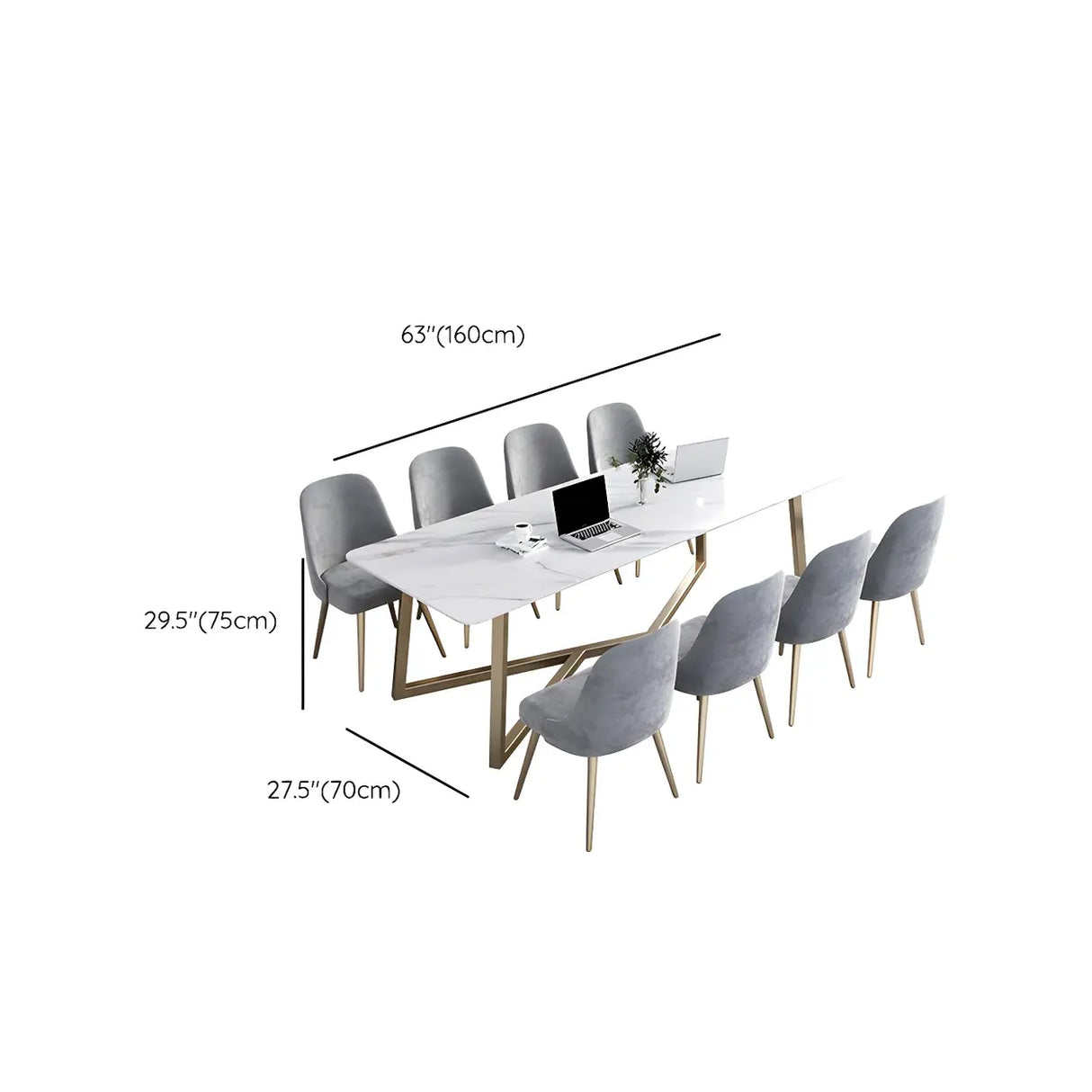 Glam White Stone Gold Trestle Conference Table for 8 