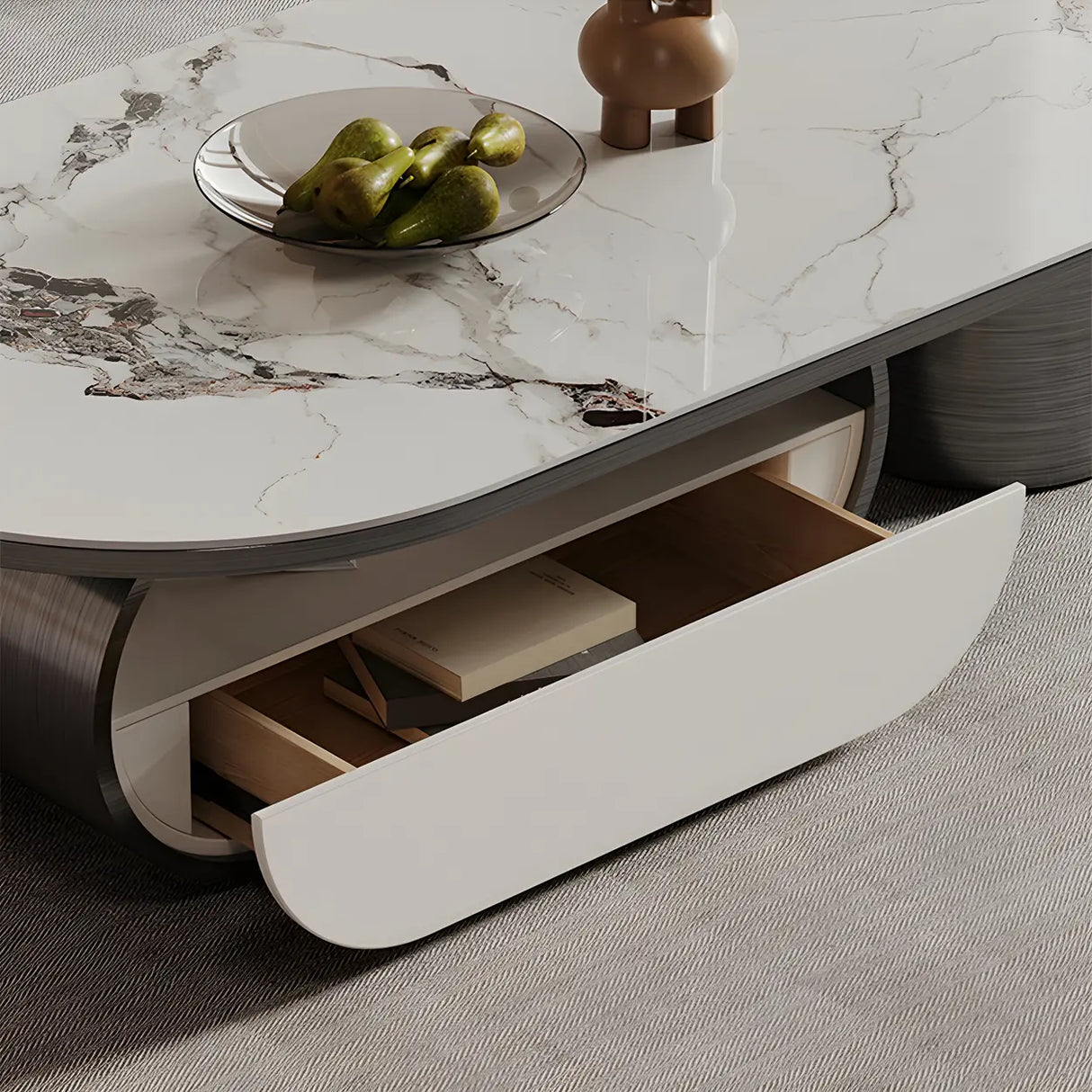 Glam White Stone Oval Drawers Shelves Coffee Table Image - 11