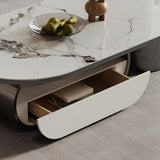 Glam White Stone Oval Drawers Shelves Coffee Table Image - 11