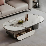 Glam White Stone Oval Drawers Shelves Coffee Table Image - 2