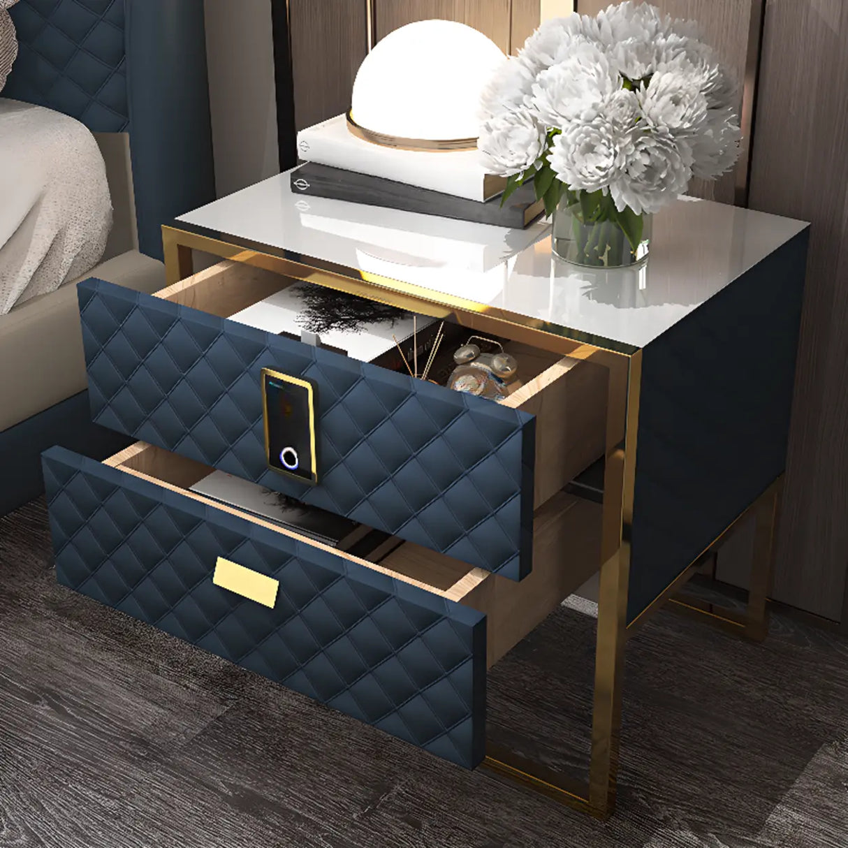 Glass Countertop Leather Frame Nightstand with 2-Drawer Image - 1