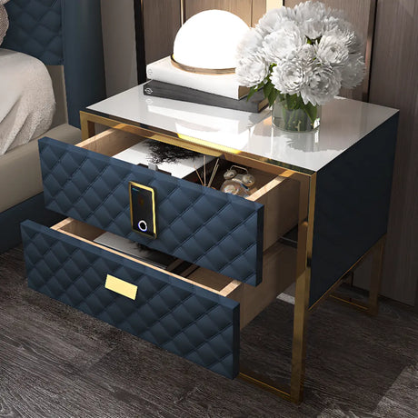 Glass Countertop Leather Frame Nightstand with 2-Drawer Image - 1