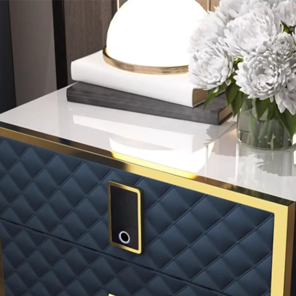 Glass Countertop Leather Frame Nightstand with 2-Drawer Image - 13