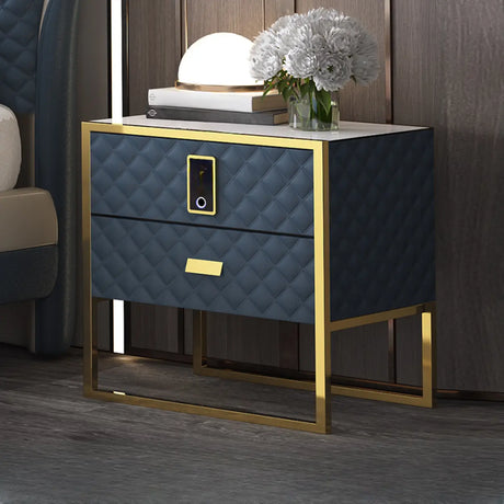 Glass Countertop Leather Frame Nightstand with 2-Drawer Image - 2