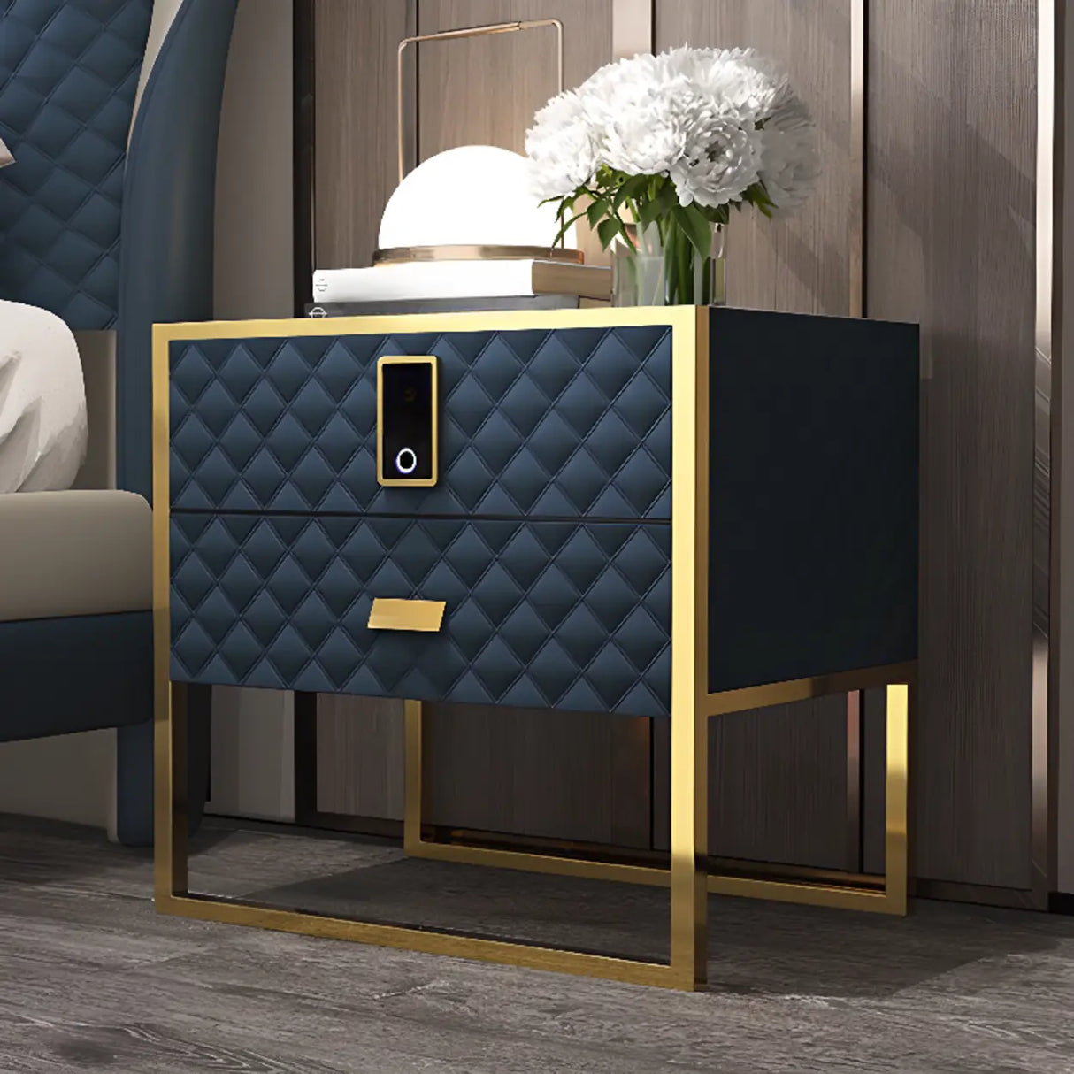 Glass Countertop Leather Frame Nightstand with 2-Drawer Image - 3