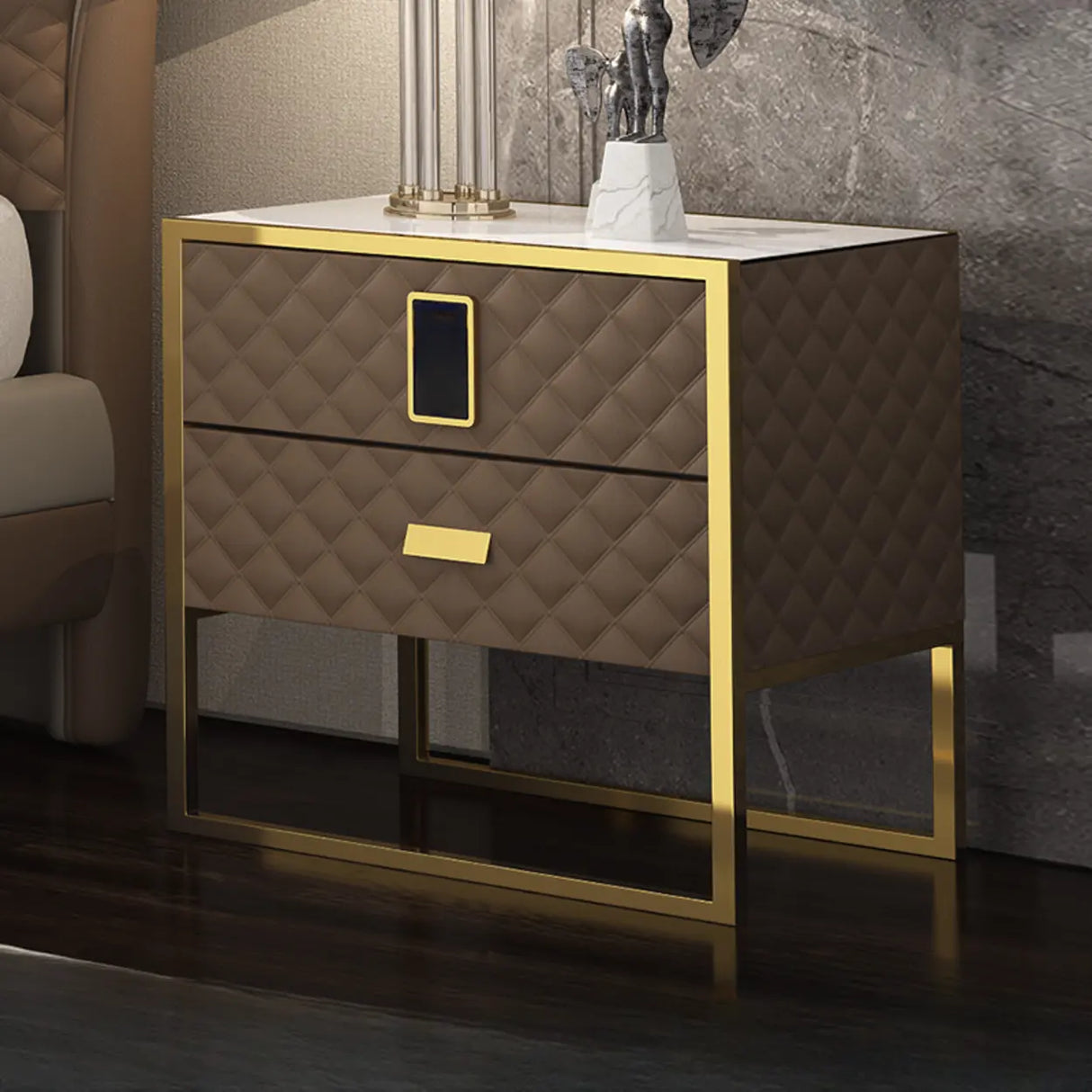 Glass Countertop Leather Frame Nightstand with 2-Drawer Image - 5