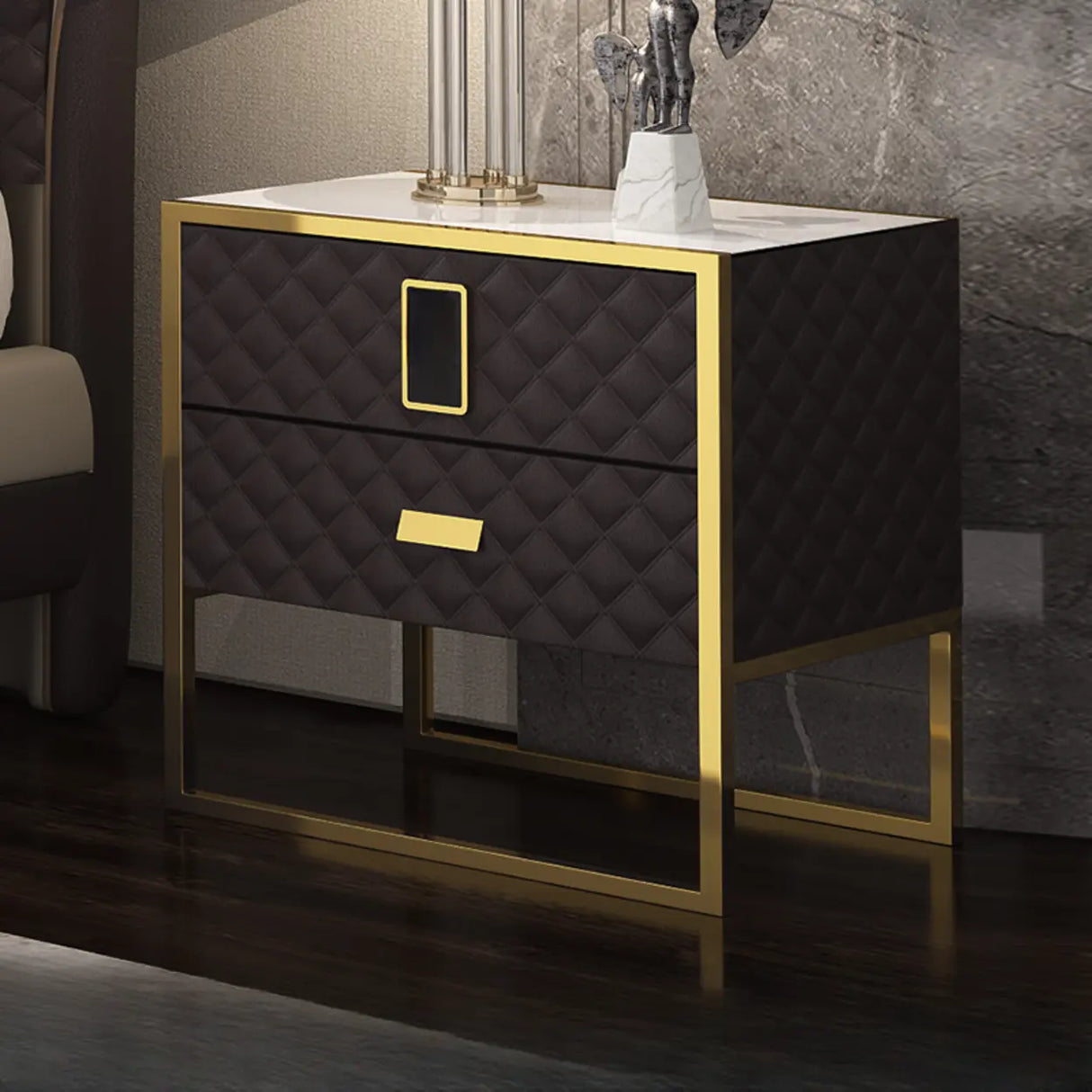 Glass Countertop Leather Frame Nightstand with 2-Drawer Image - 7