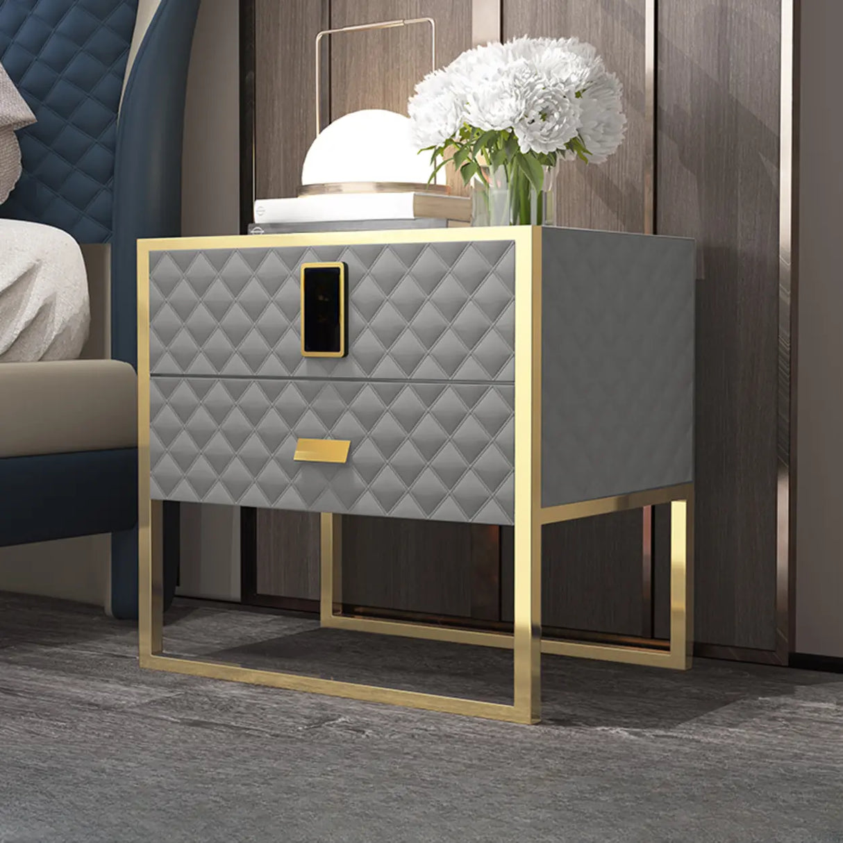 Glass Countertop Leather Frame Nightstand with 2-Drawer Image - 9
