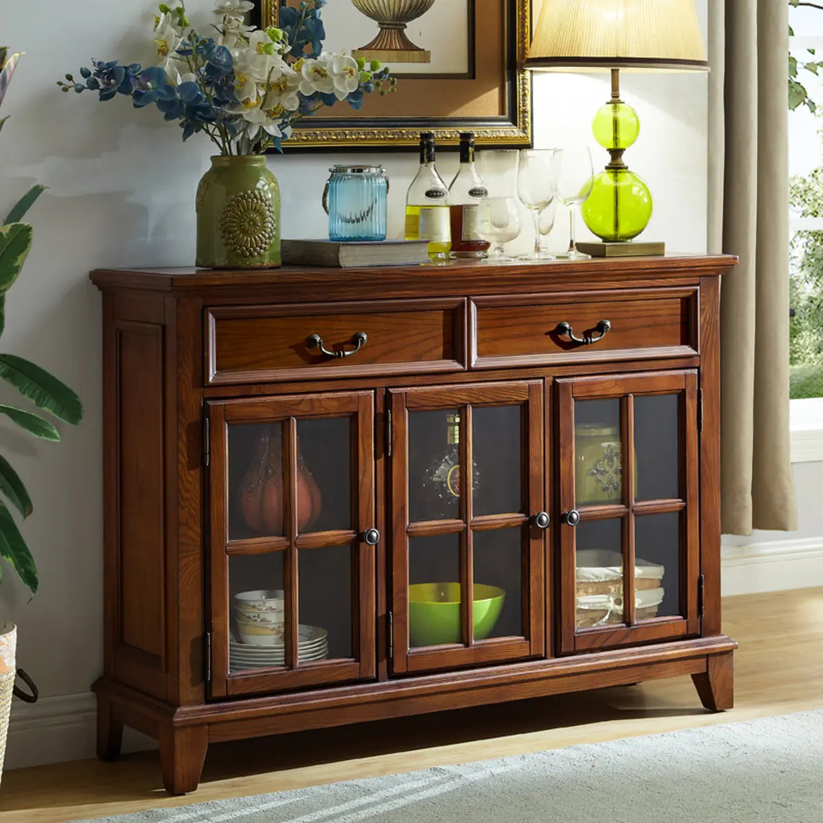 Glass Doors Ash Brown Large Retro Sideboard with Shelves Image - 11