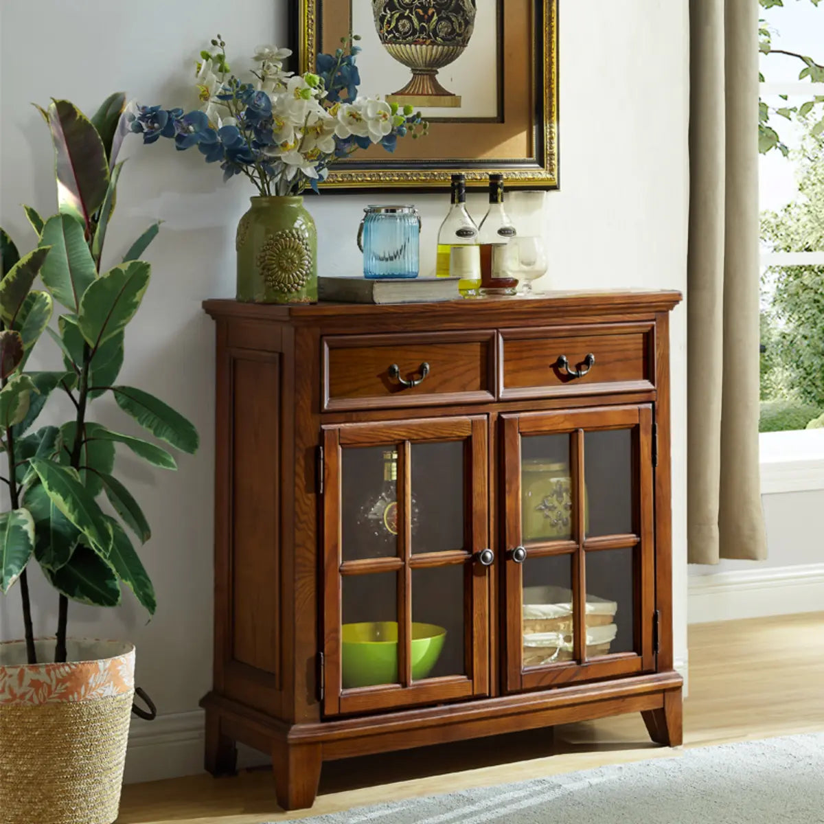 Glass Doors Ash Brown Large Retro Sideboard with Shelves Image - 13