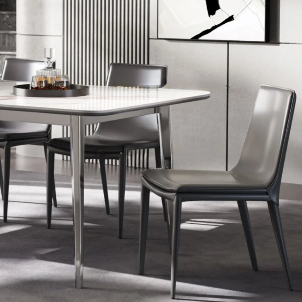 Glass Rectangle Silver Base Dining Table Set with Chair Image - 1