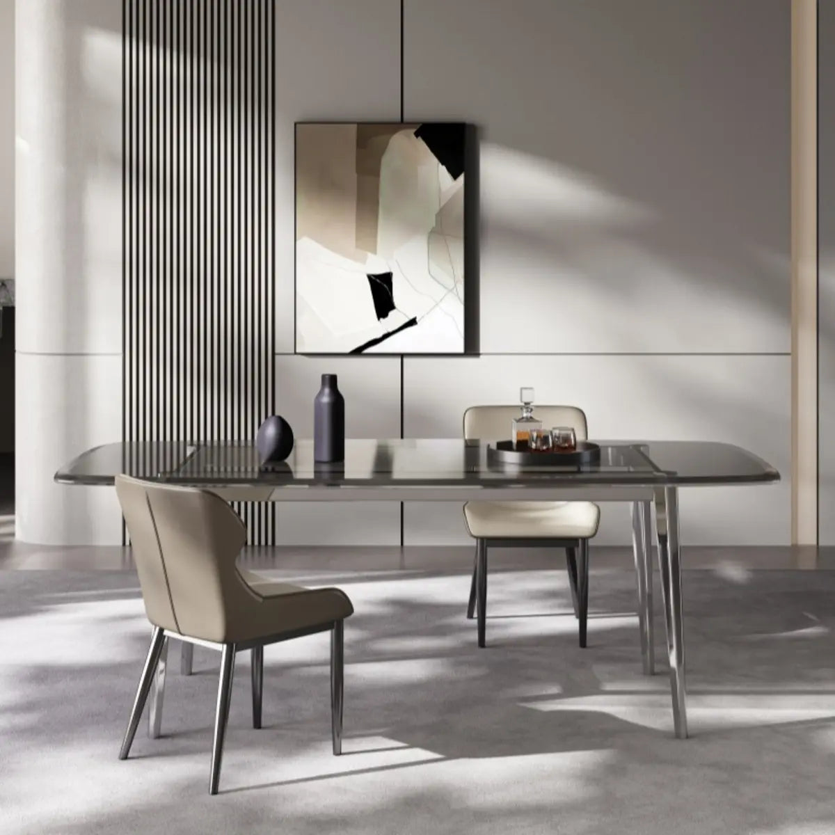 Glass Rectangle Silver Base Dining Table Set with Chair Image - 2