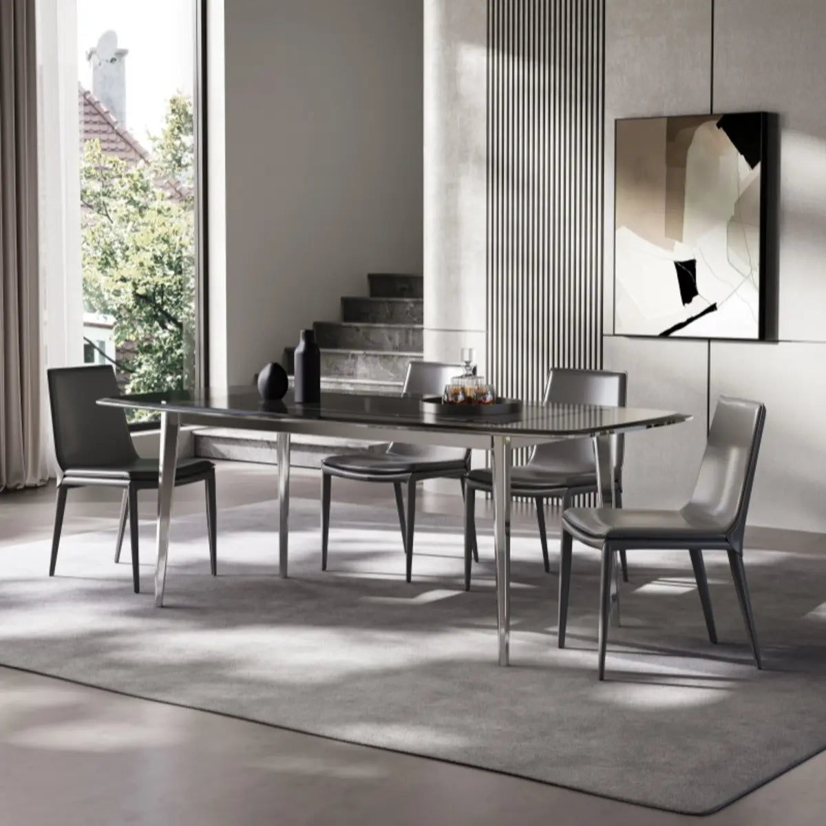 Glass Rectangle Silver Base Dining Table Set with Chair Image - 3