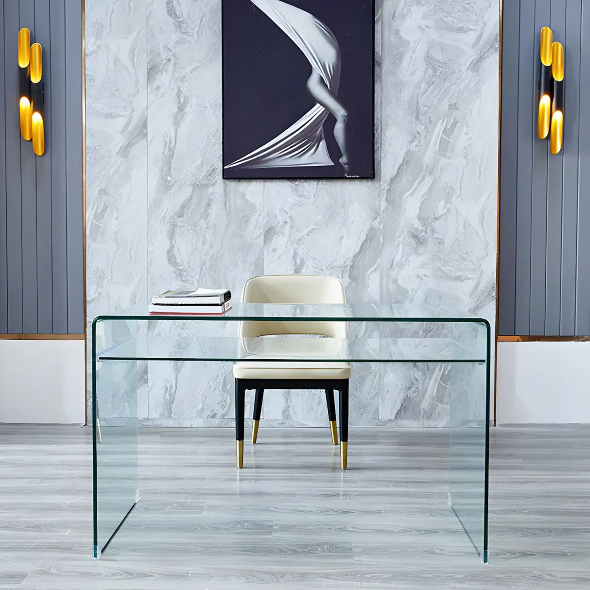 Glass Rectangular Sled Base Writing Desk with Shelves Image - 11