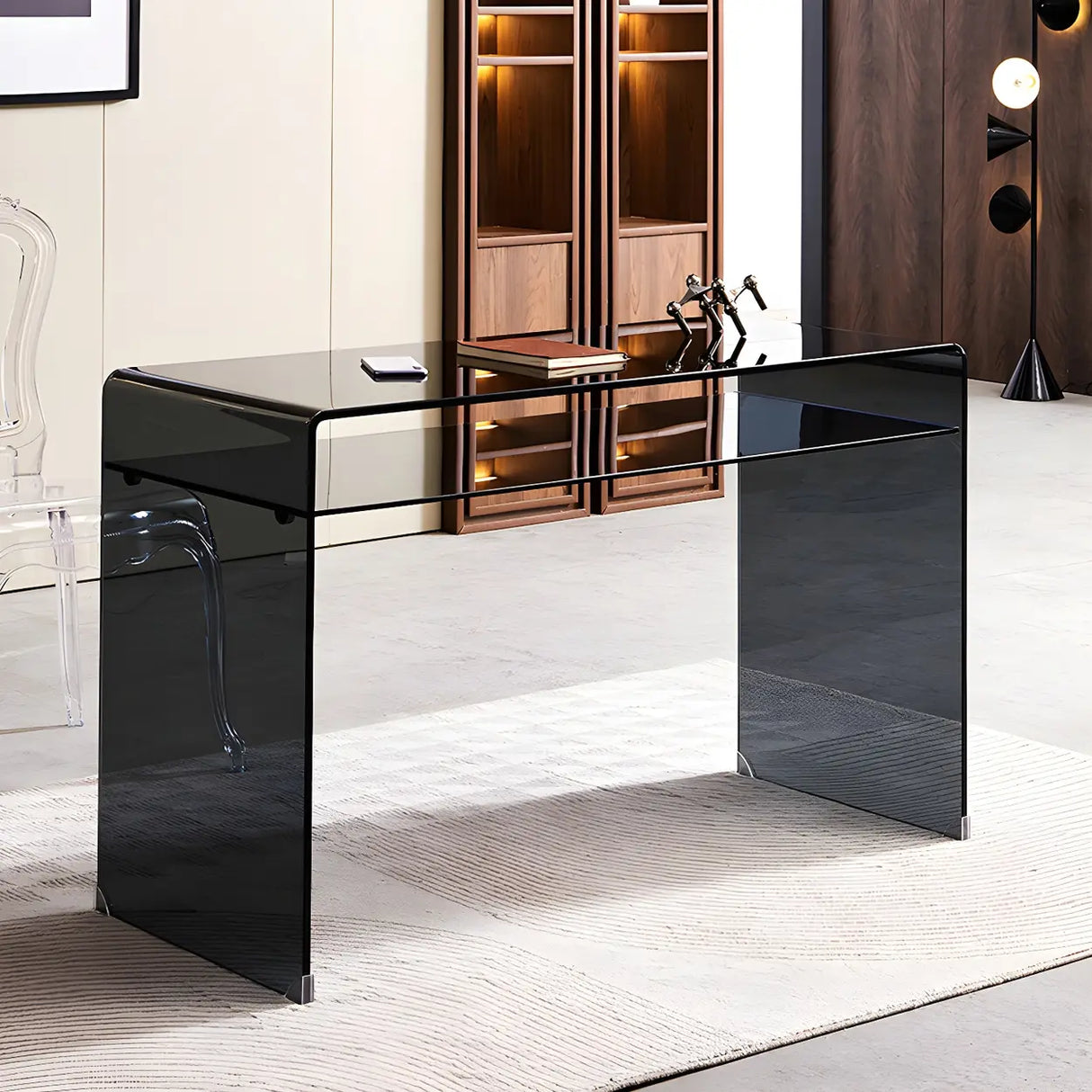 Glass Rectangular Sled Base Writing Desk with Shelves Image - 2