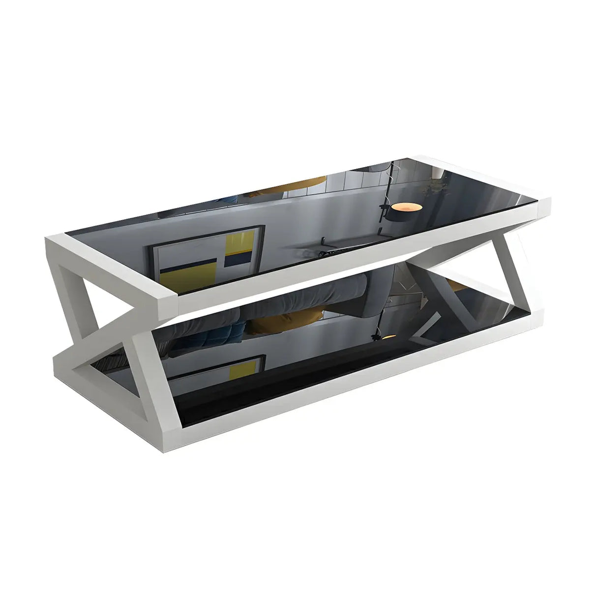 Glass Rectangular Trestle Base Shelf Coffee Table Image - 10
