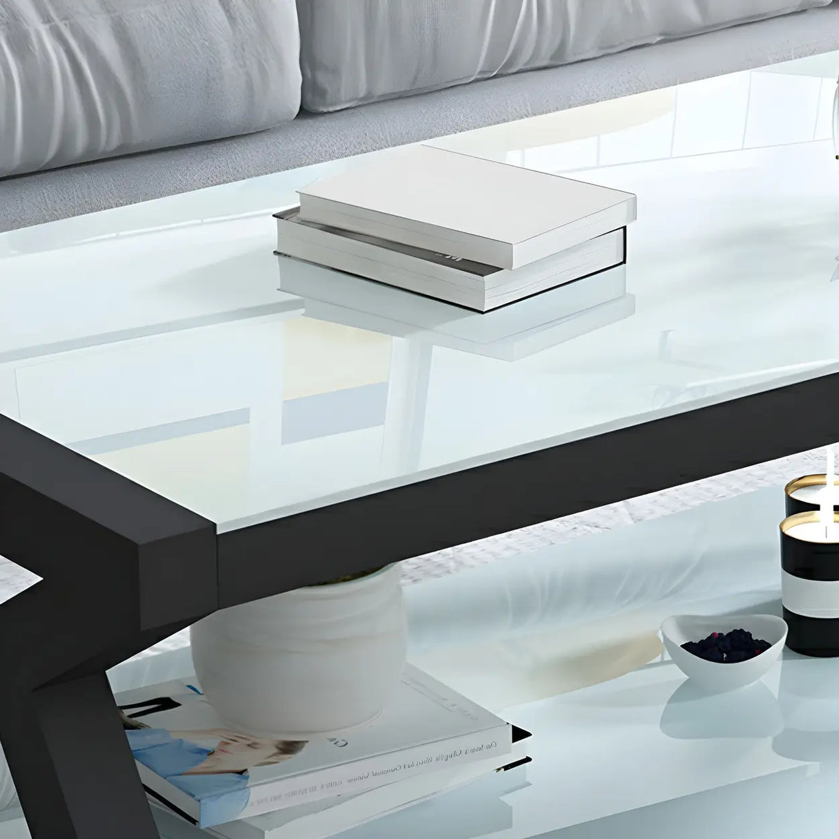 Glass Rectangular Trestle Base Shelf Coffee Table Image - 11