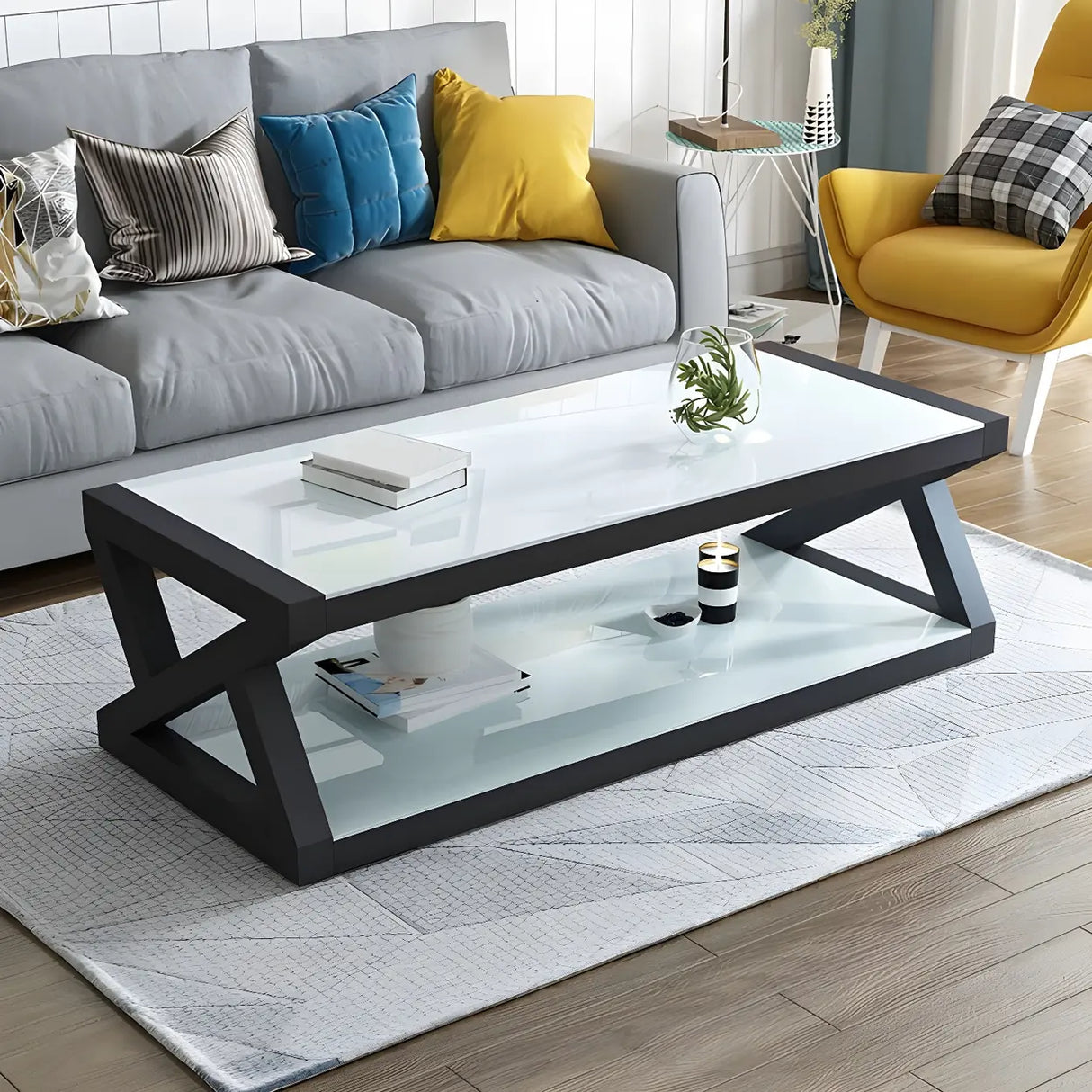 Glass Rectangular Trestle Base Shelf Coffee Table Image - 12