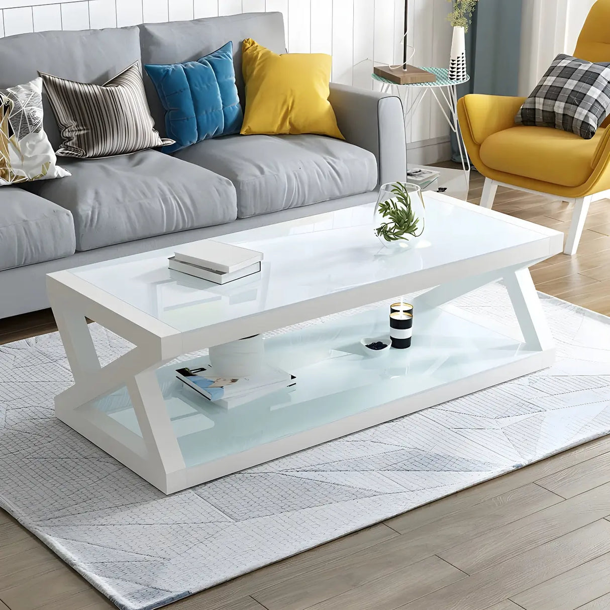 Glass Rectangular Trestle Base Shelf Coffee Table Image - 14
