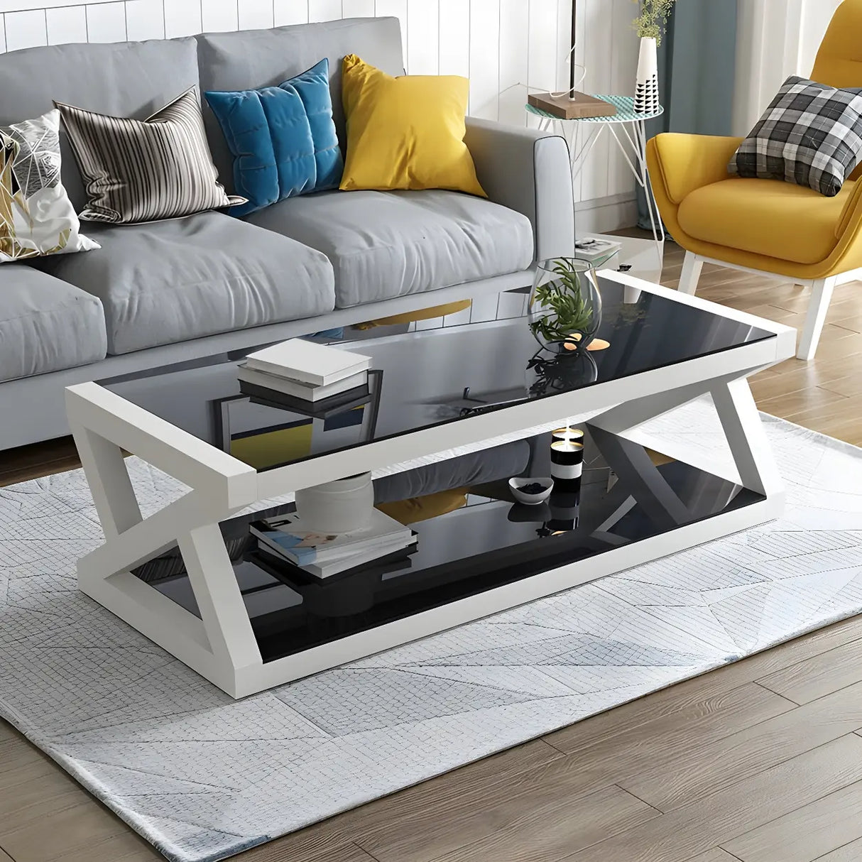 Glass Rectangular Trestle Base Shelf Coffee Table Image - 15