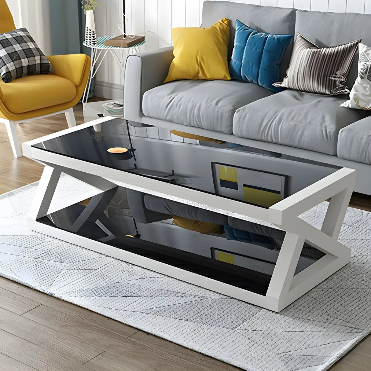 Glass Rectangular Trestle Base Shelf Coffee Table Image - 16