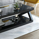 Glass Rectangular Trestle Base Shelf Coffee Table Image - 17