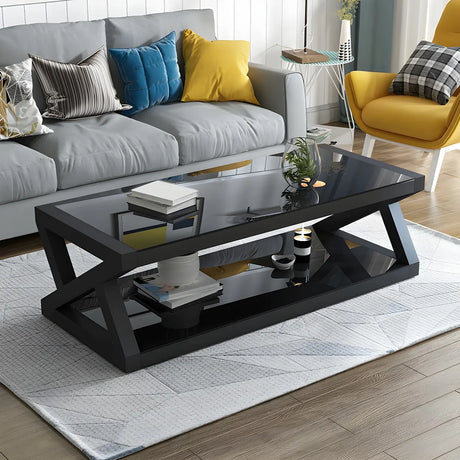 Glass Rectangular Trestle Base Shelf Coffee Table Image - 1