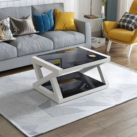 Glass Rectangular Trestle Base Shelf Coffee Table Image - 2