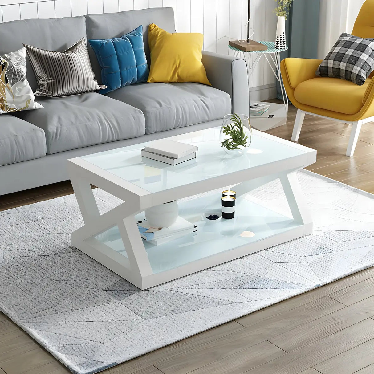 Glass Rectangular Trestle Base Shelf Coffee Table Image - 3