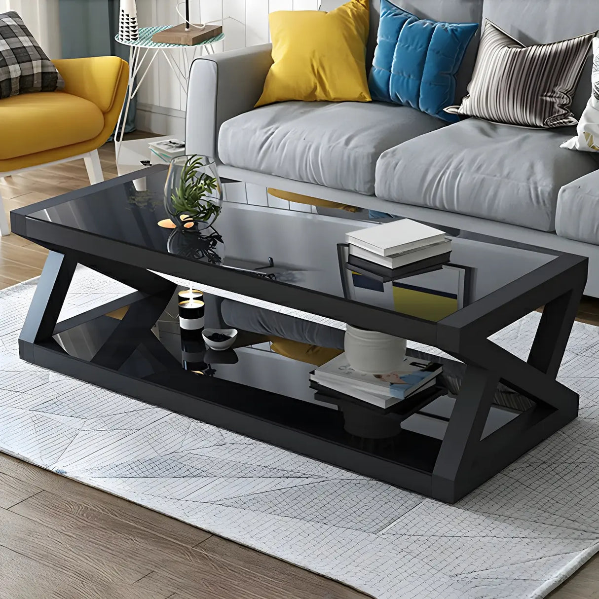 Glass Rectangular Trestle Base Shelf Coffee Table Image - 4