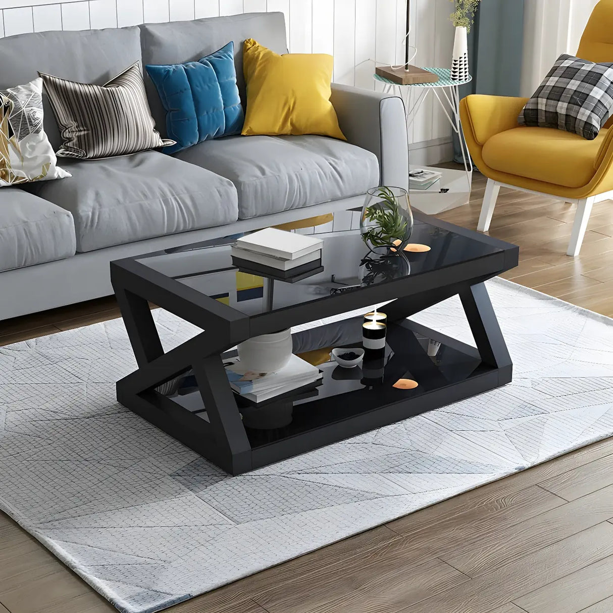 Glass Rectangular Trestle Base Shelf Coffee Table Image - 5