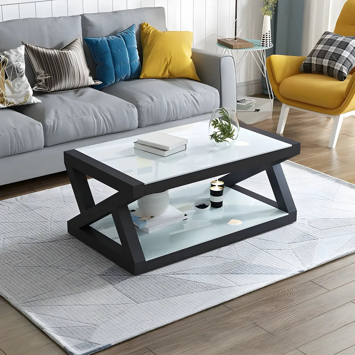Glass Rectangular Trestle Base Shelf Coffee Table Image - 7