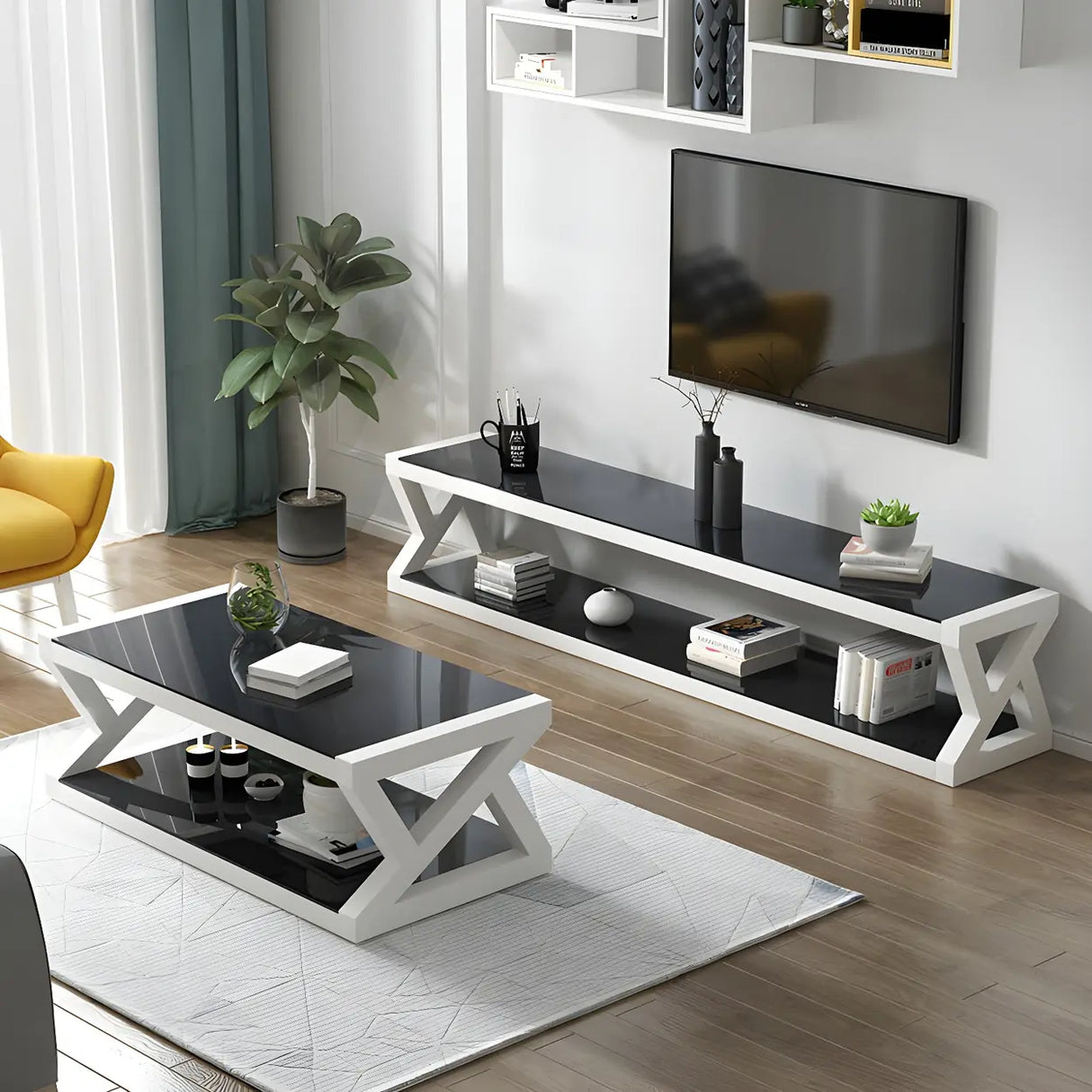 Glass Rectangular Trestle Base Shelf Coffee Table Image - 8
