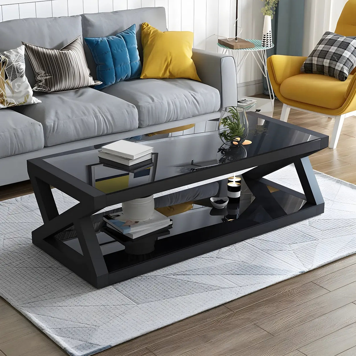 Glass Rectangular Trestle Base Shelf Coffee Table Image - 9