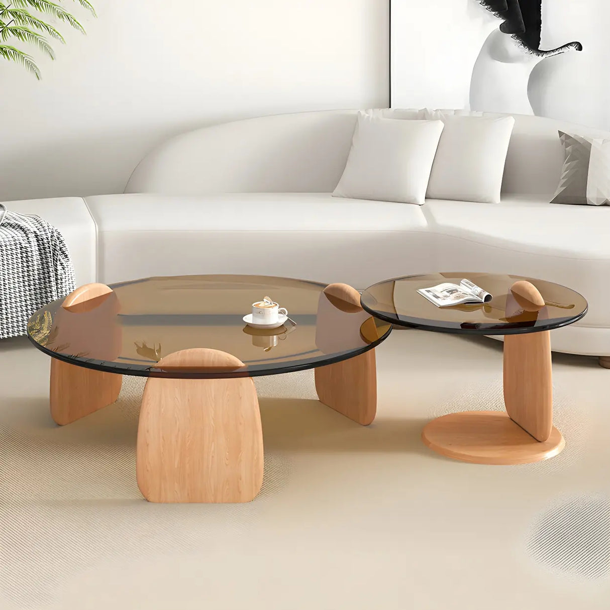 Glass Round Shape Coffee Table with Three Wooden Legs Image - 12