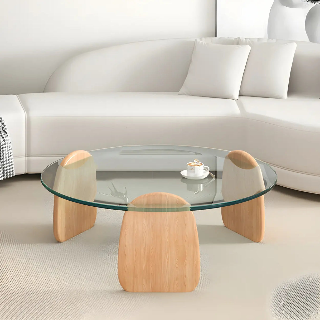 Glass Round Shape Coffee Table with Three Wooden Legs Image - 14