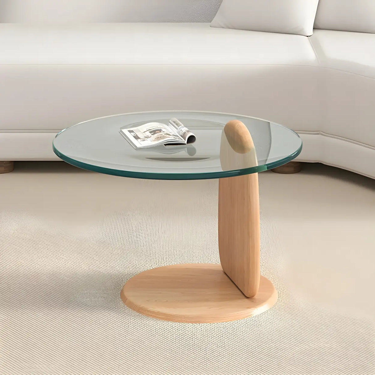 Glass Round Shape Coffee Table with Three Wooden Legs Image - 15
