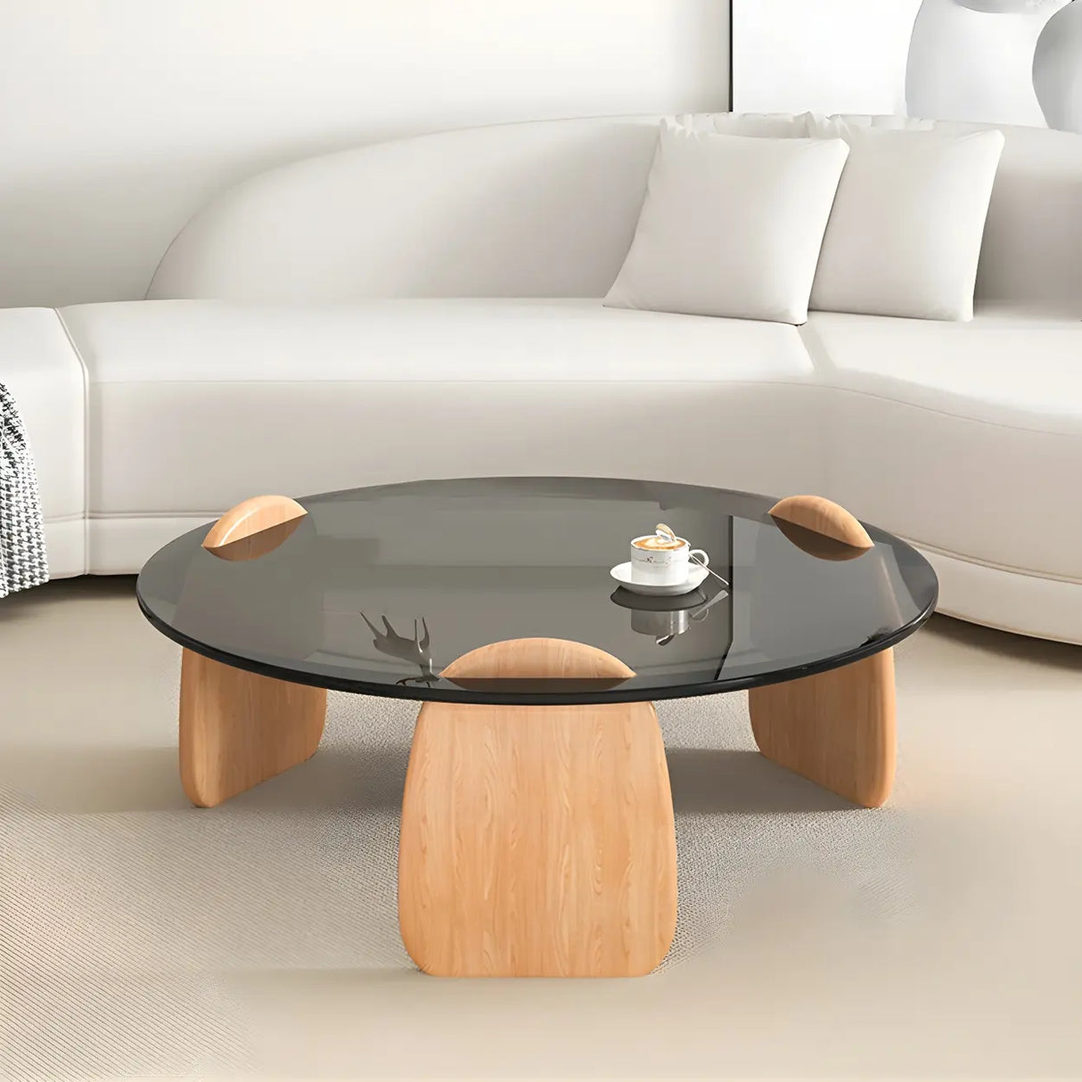 Glass Round Shape Coffee Table with Three Wooden Legs Image - 2