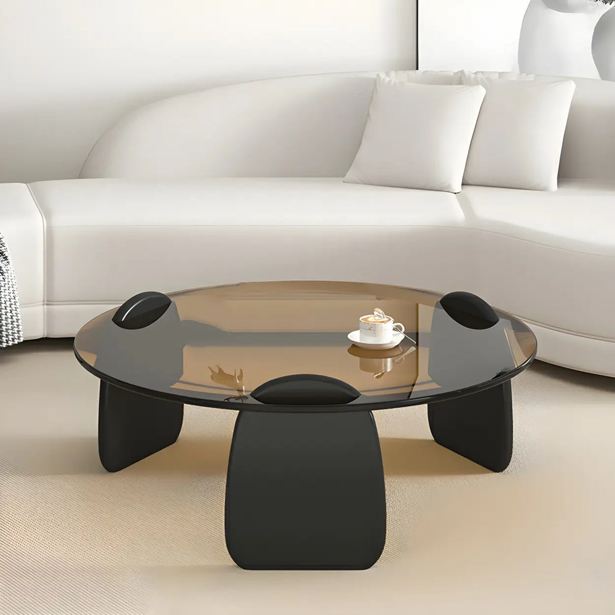 Glass Round Shape Coffee Table with Three Wooden Legs Image - 23