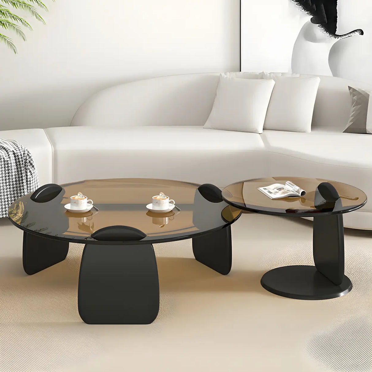 Glass Round Shape Coffee Table with Three Wooden Legs Image - 25
