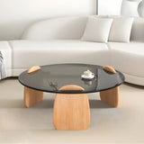 Glass Round Shape Coffee Table with Three Wooden Legs Image - 2