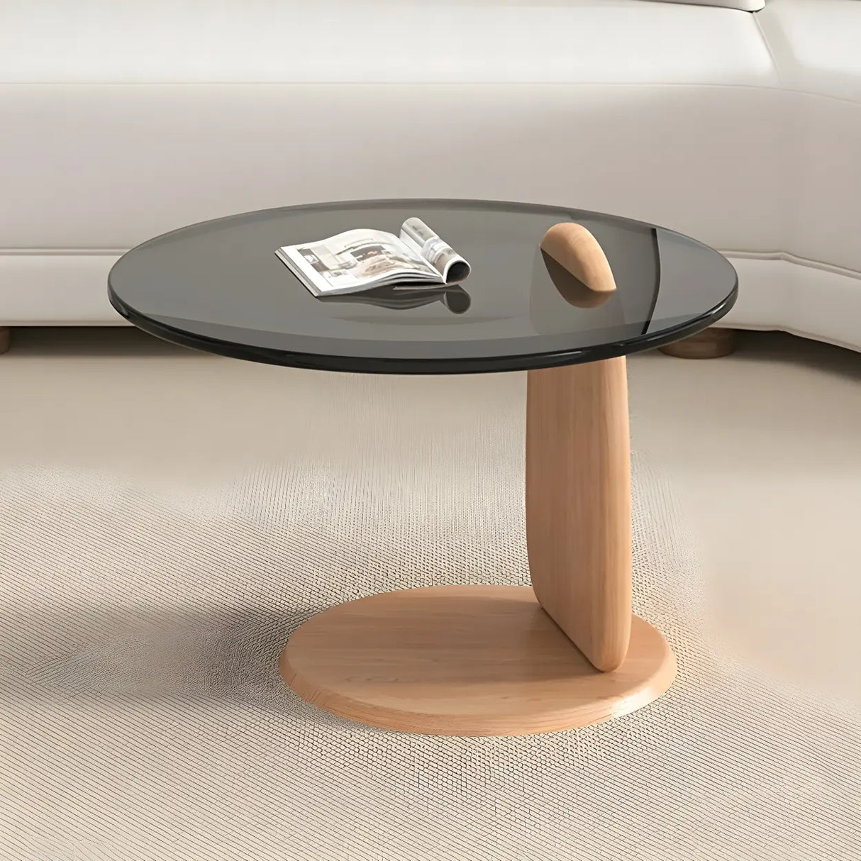Glass Round Shape Coffee Table with Three Wooden Legs Image - 3