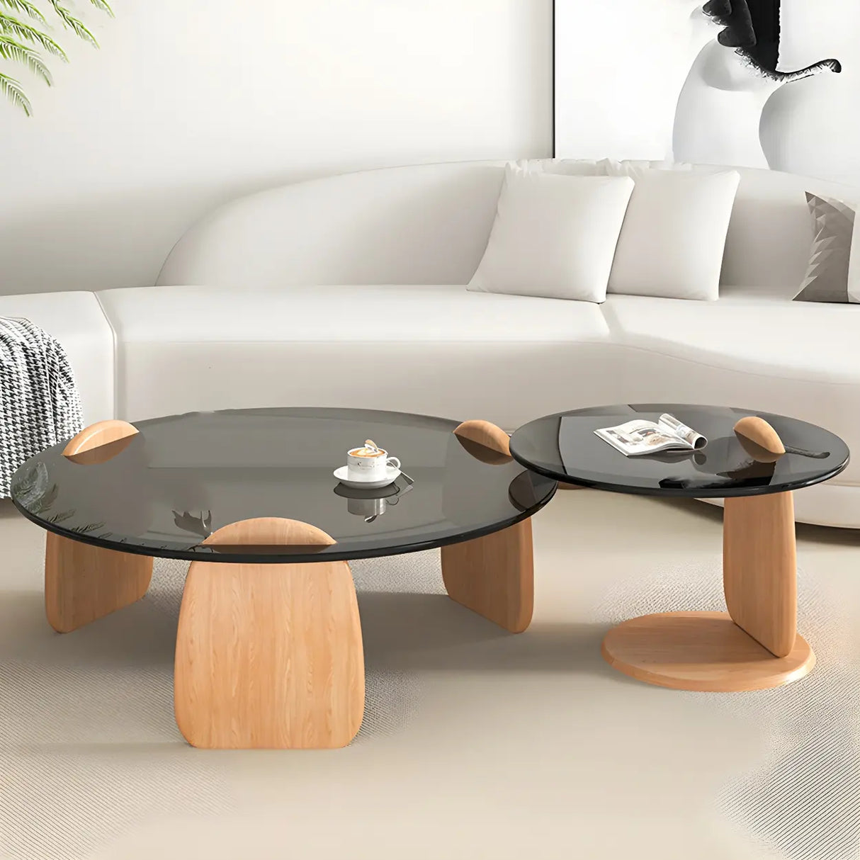 Glass Round Shape Coffee Table with Three Wooden Legs Image - 5