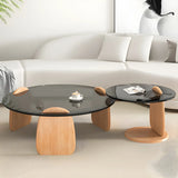 Glass Round Shape Coffee Table with Three Wooden Legs Image - 5
