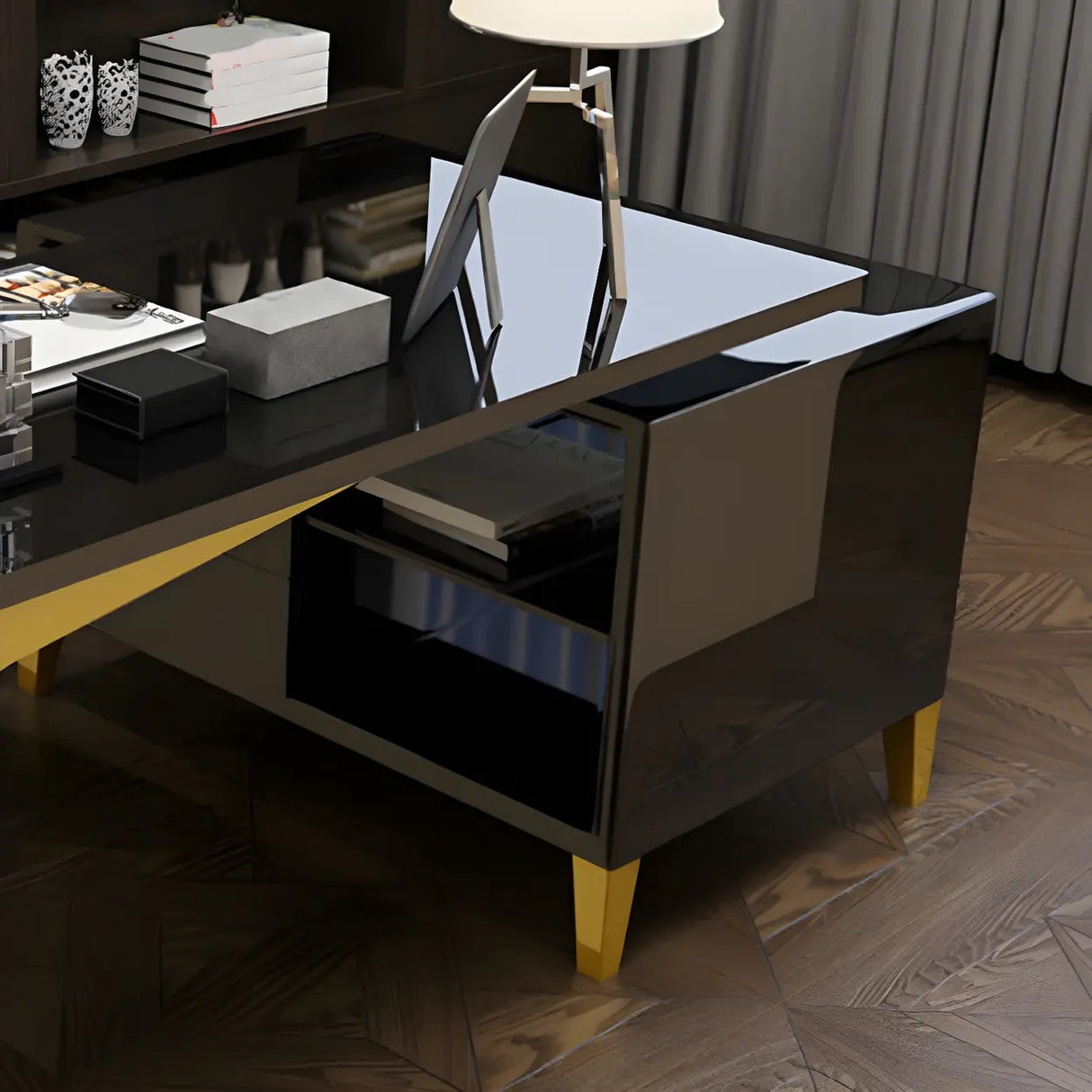 Glass Stainless Steel Base Exterior Shelf Office Desk Image - 8